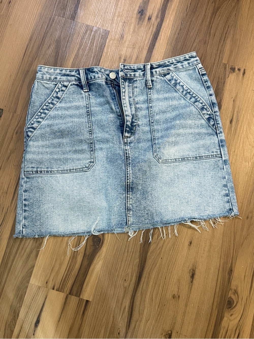 Washed Light Blue Denim Mini Skirt with Front Patch Pockets